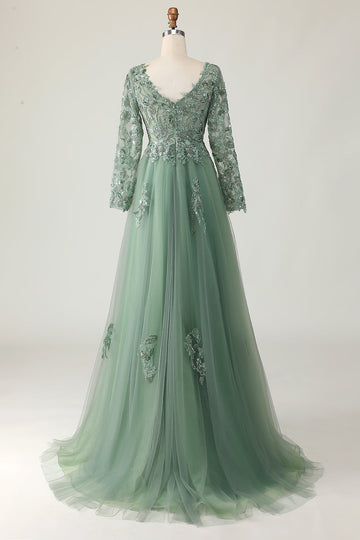 Sage A-Line Long Sleeves Prom Dress with Appliques